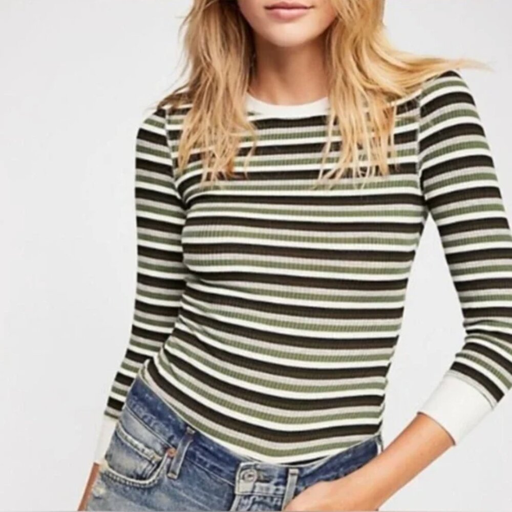 NWT $40 Free People Army Combo Multicolored Striped Long Sleeve T-Shirt - XS!